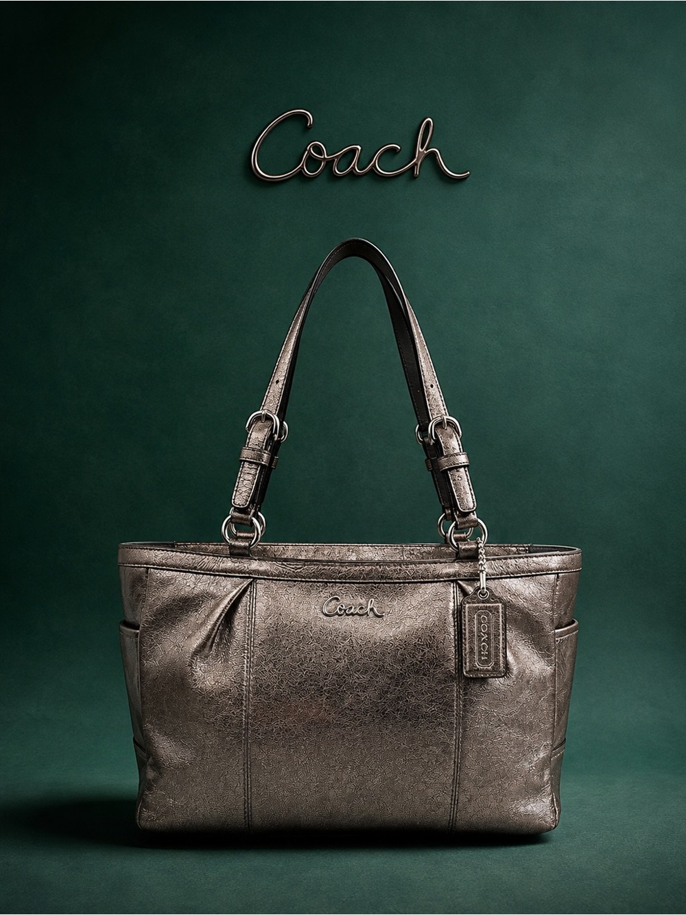 Coach Gallery East West Metallic Pewter Leather Shoulder Tote